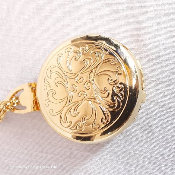 Ornate Mystery Locket Necklace Gold Tone Opera Length - Picture 8 of 14